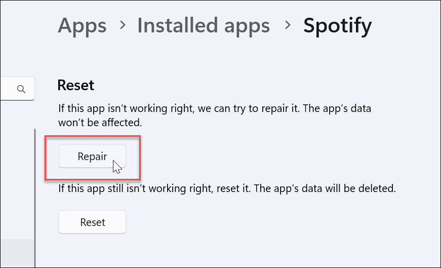 reparar la aplicación spotify