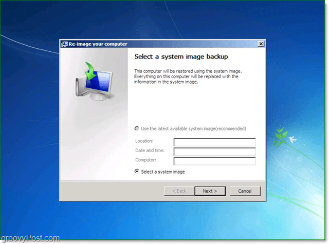 seleccione su copia de seguridad de imagen del sistema de Windows 7