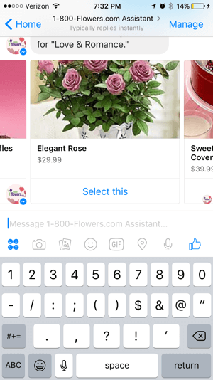 Los clientes pueden buscar y seleccionar fácilmente productos del chatbot 1-800-Flowers.