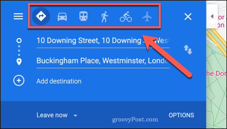 Opciones de viaje en Google Maps