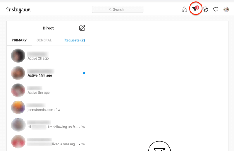 captura de pantalla del panel de mensajes directos de Instagram con el icono del avión de papel resaltado