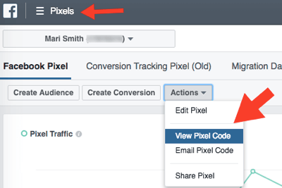 Seleccione Ver código de píxeles en el menú Acciones para ver su código de píxeles de Facebook.