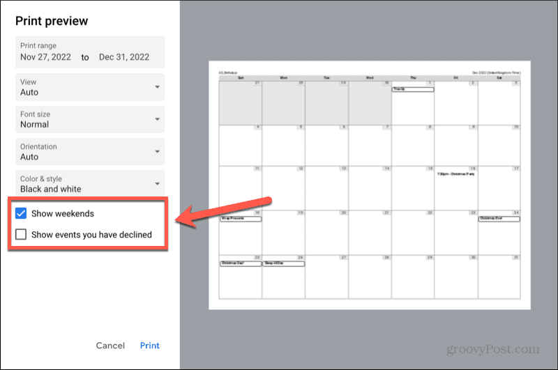 calendario de google muestra los fines de semana
