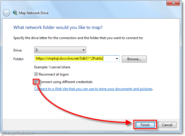 pegue en su Windows la dirección de skydrive en vivo a la opción de unidad de red asignada y verifique la conexión con diferentes credenciales y luego haga clic en finalizar.