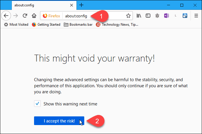 Haga clic en Acepto el riesgo en aproximadamente: página de configuración en Firefox