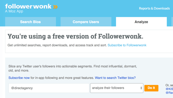Seleccione la cuenta de Twitter que desea analizar con Followerwonk.