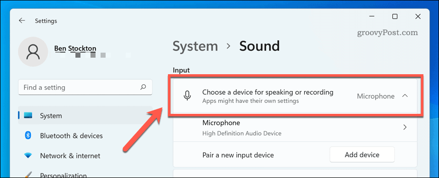 Elegir un dispositivo de entrada de sonido en Windows 11