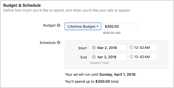 Elija un presupuesto de por vida para sus anuncios.