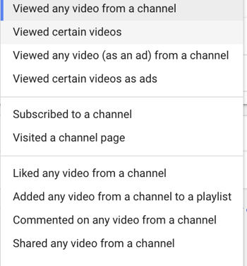 Cómo configurar una campaña de anuncios de YouTube, paso 27, establecer una acción de usuario de remarketing específica