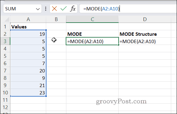 Ejemplo de fórmula MODO en Excel