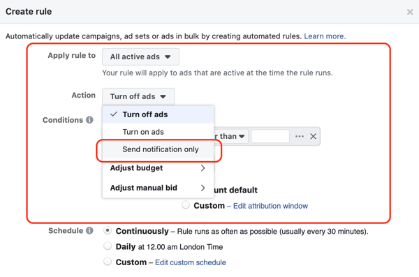 Utilice las reglas automatizadas de Facebook, la notificación cuando la frecuencia de los anuncios sea superior a 2.1, el paso 1, el conjunto de anuncios y la configuración de acciones