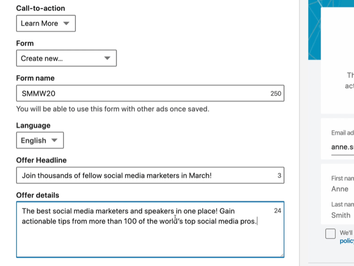 captura de pantalla de los campos del formulario de generación de clientes potenciales de LinkedIn seleccionados para el anuncio de LinkedIn