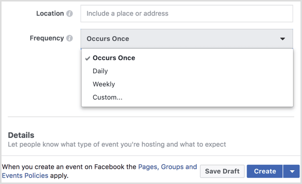 seleccione el intervalo del menú Frecuencia para crear un evento recurrente con la página de Facebook