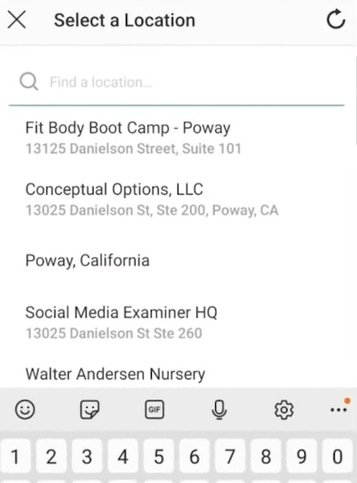 ejemplo de menú de la opción seleccionar una ubicación para la etiqueta de ubicación de instagram