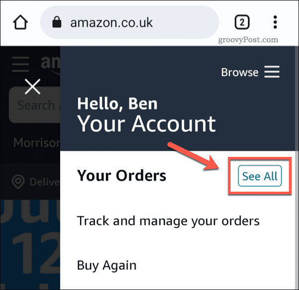 Ver todos los pedidos en Amazon móvil