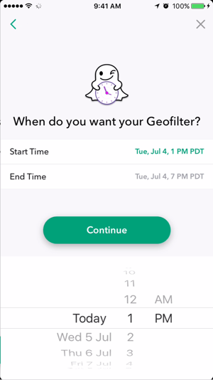 Seleccione una fecha y hora para que su geofiltro de Snapchat esté activo.