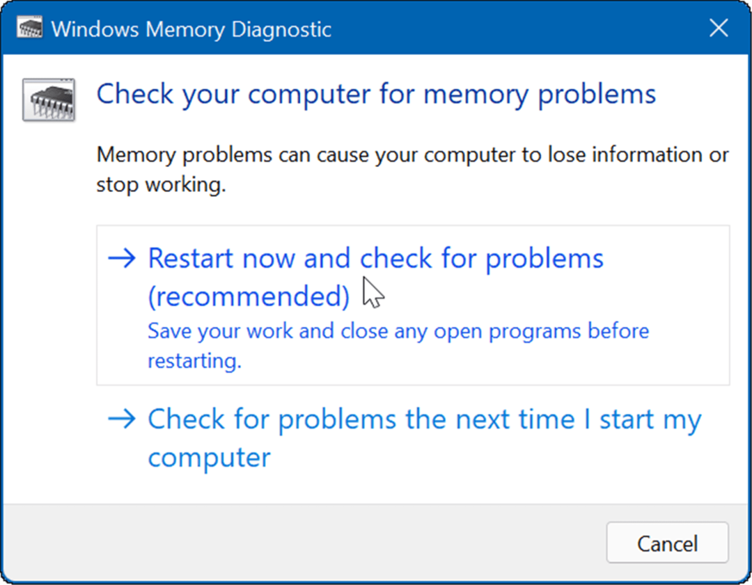 diagnóstico de memoria de Windows reiniciar y comprobar