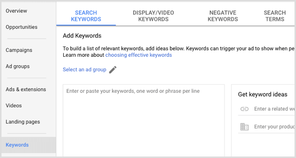 Google Adwords agrega palabras clave al grupo de anuncios