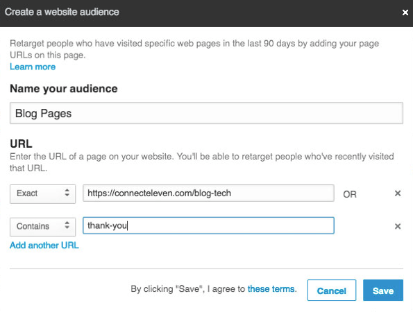 Puede agregar varias URL para reorientar con las audiencias coincidentes de LinkedIn.