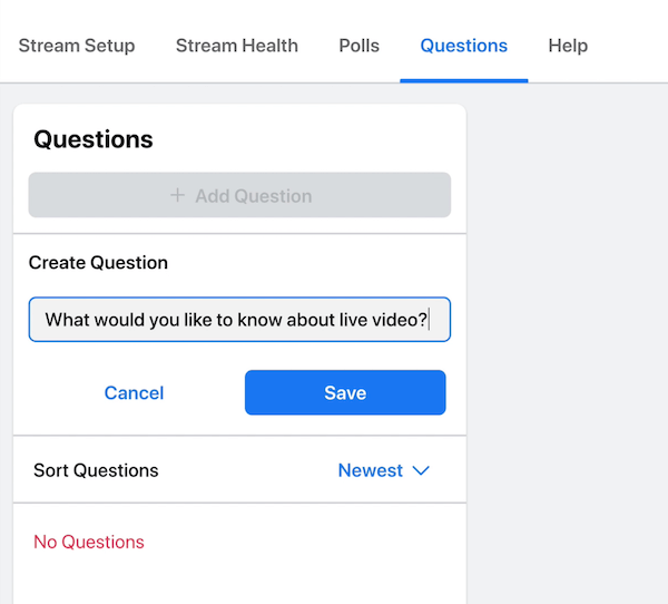 Opción de transmisión en vivo de Facebook para publicar una pregunta para que sus espectadores y audiencia respondan durante su transmisión