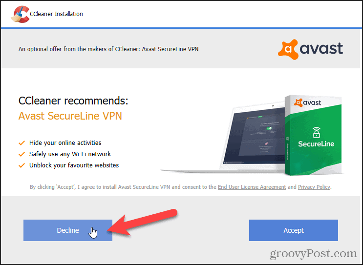 Rechazar Avast VPN en CCleaner