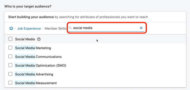 captura de pantalla de los resultados de búsqueda de las habilidades de los miembros de 'redes sociales' en LinkedIn