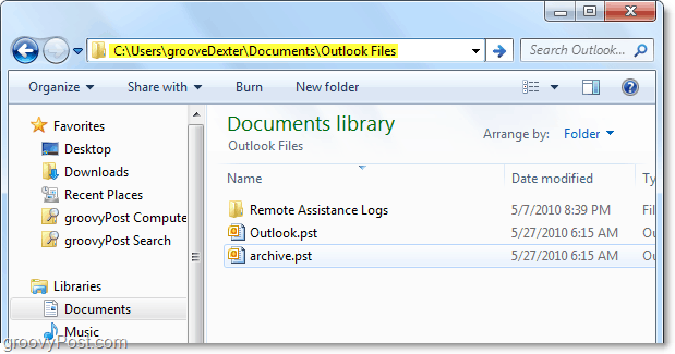 carpeta de archivos pst de Outlook 2010 predeterminada 