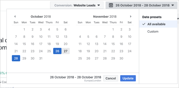 Elija el intervalo de fechas que desea ver con la herramienta de atribución de Facebook.