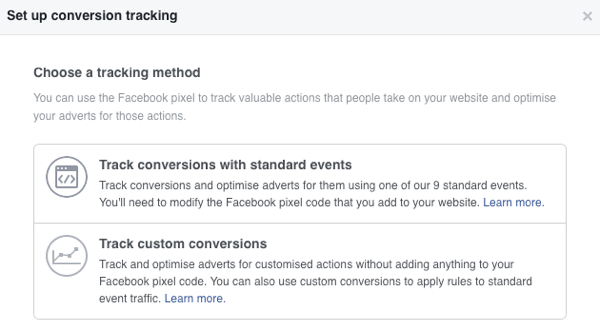 Puede elegir entre dos métodos de seguimiento de conversiones para anuncios de Facebook.