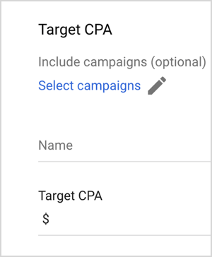 Esta es una captura de pantalla de las opciones de CPA objetivo de Google Ads. Estas opciones son Incluir campañas (opcional), Seleccionar campañas, Nombre, CPA objetivo (con un cuadro de texto para ingresar un valor). Mike Rhodes dice que las opciones de ofertas inteligentes de Google Ads, como el CPA objetivo, utilizan inteligencia artificial para administrar las ofertas.