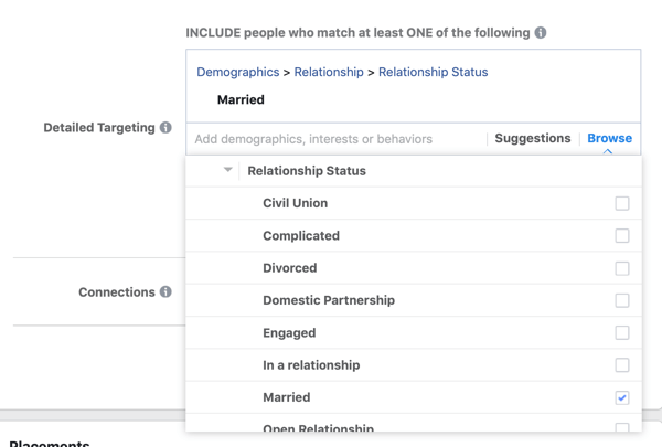 Opciones de segmentación demográfica para una campaña publicitaria de clientes potenciales de Facebook.