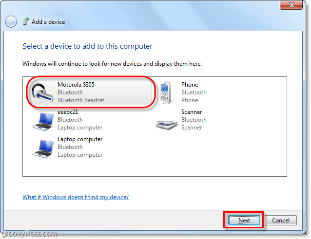 haga clic en su dispositivo bluetooth desde Windows 7, agregue un asistente de dispositivo y haga clic en siguiente
