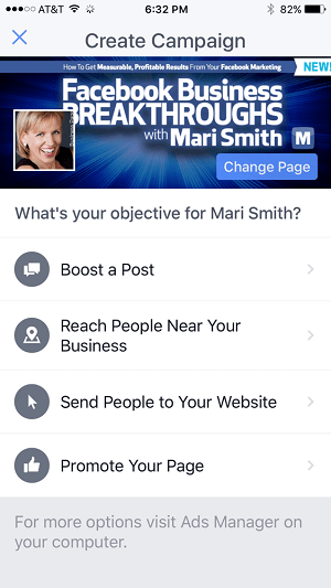 panel de anuncios de Facebook en la aplicación de administrador de páginas de Facebook