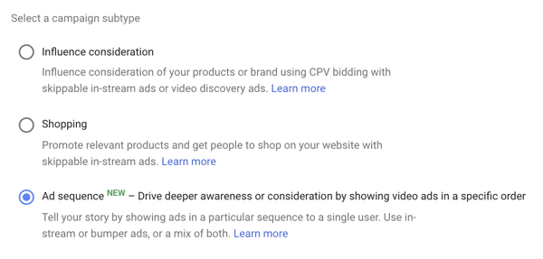 Cómo configurar una campaña de anuncios de YouTube, paso 39, opción para configurar la secuencia de anuncios