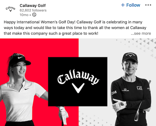 Publicación de la página de LinkedIn de Callaway Golf para el Día Internacional de la Mujer