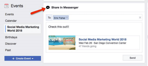 Facebook solicita a los usuarios que compartan un evento descubierto en Facebook con otros usuarios de Messenger.