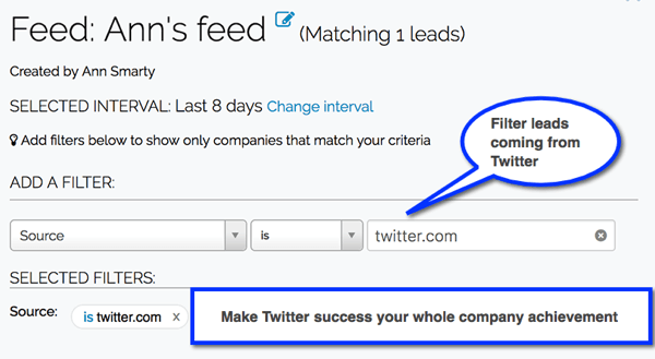 Cree filtros Leadfeeder para rastrear clientes potenciales provenientes de sus canales de redes sociales.