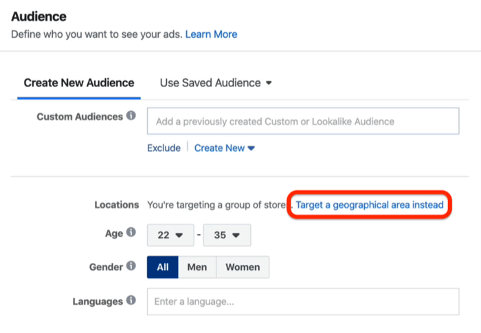 Apuntar a una opción de área geográfica en lugar en el Administrador de anuncios de Facebook