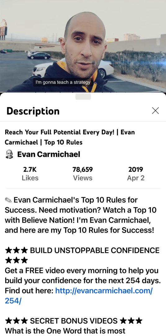 imagen del video de YouTube de Evan Carmichael y descripción en la aplicación móvil