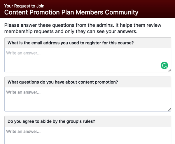 Pida a los posibles miembros del grupo de Facebook que respondan las preguntas de calificación.