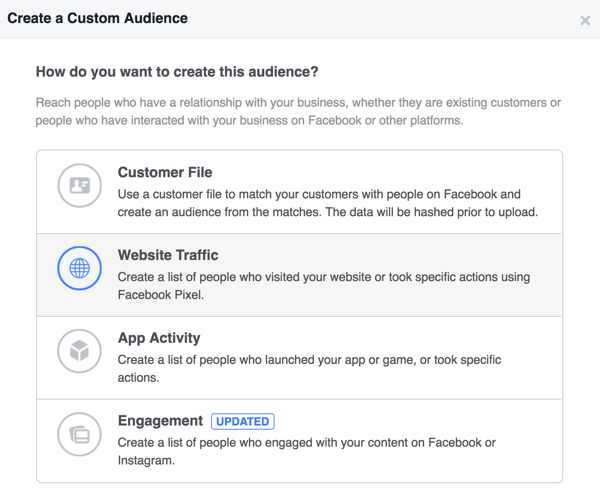 Seleccione Tráfico del sitio web para crear una audiencia personalizada basada en las personas que han visitado su sitio web.