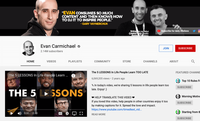 Página del canal de YouTube de Evan Carmichael