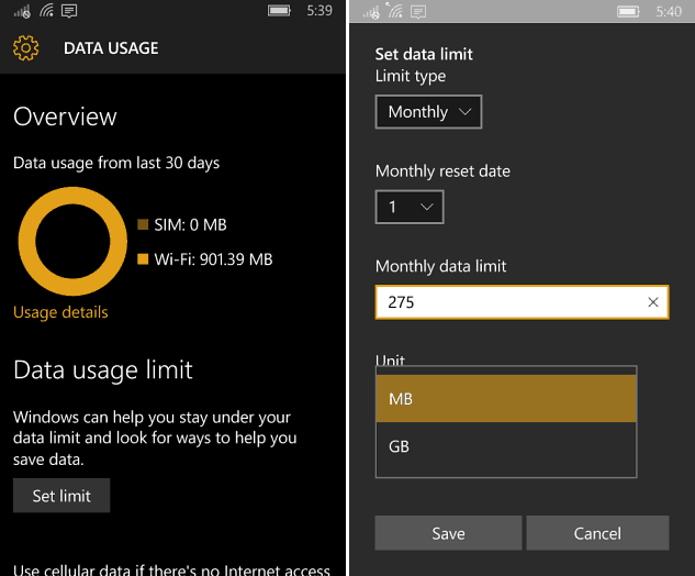 Uso de datos Windows 10 Mobile