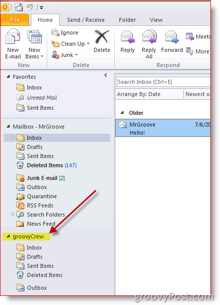 Captura de pantalla de Outlook 2010 sobre cómo agregar buzones adicionales