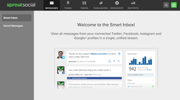 Sprout Social ofrece una bandeja de entrada inteligente que te permite ver mensajes de múltiples perfiles sociales en un solo lugar.