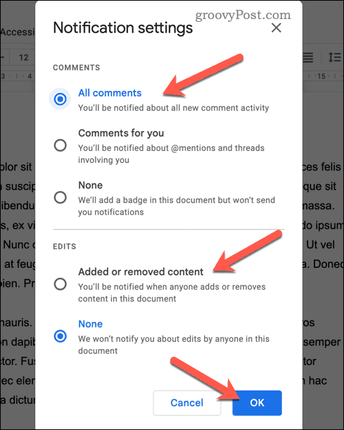 Establecer la configuración de notificaciones en Google Docs