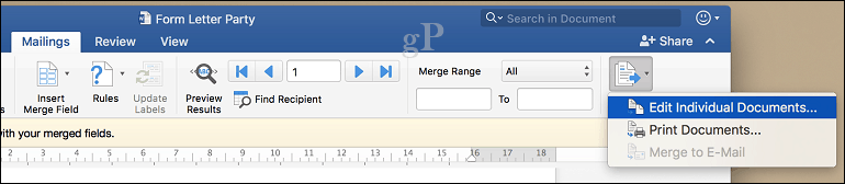 Microsoft Word para Mac Mail Merge - editar documentos individuales