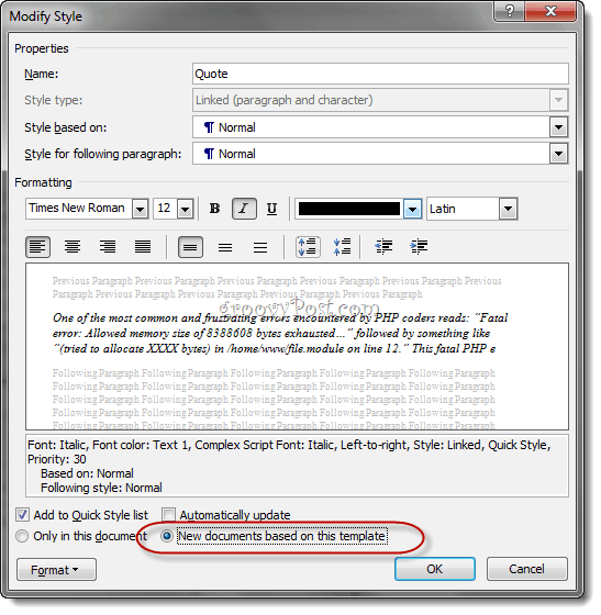 Métodos abreviados de teclado de estilo personalizado Word 2010