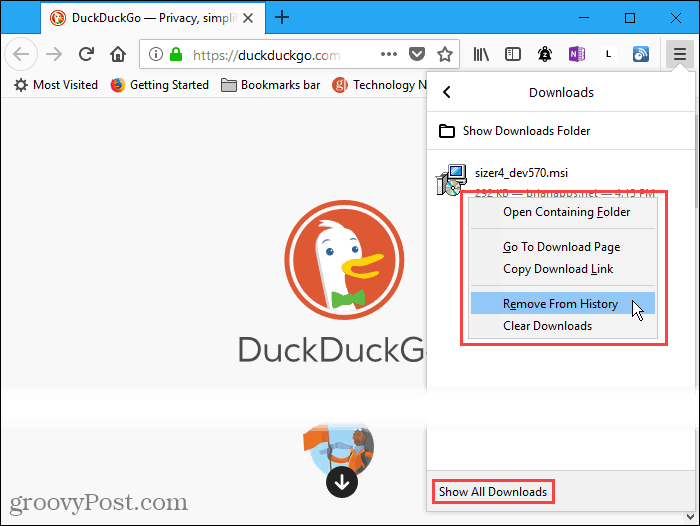 Menú de descargas en Firefox