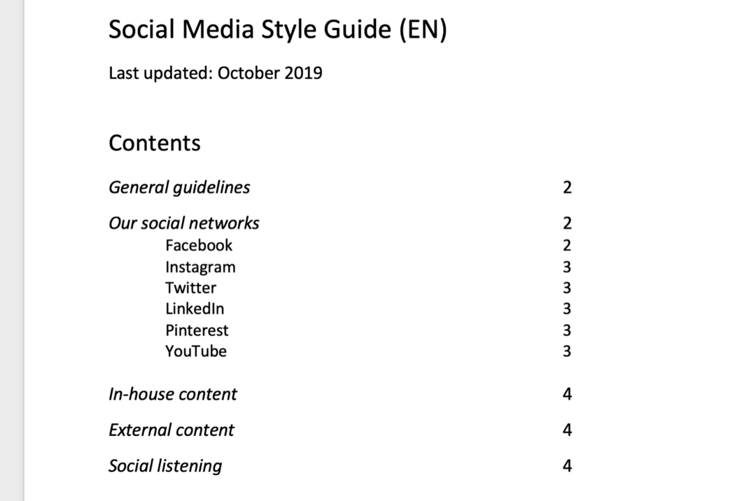 captura de pantalla de la tabla de contenido de la guía de estilo de las redes sociales